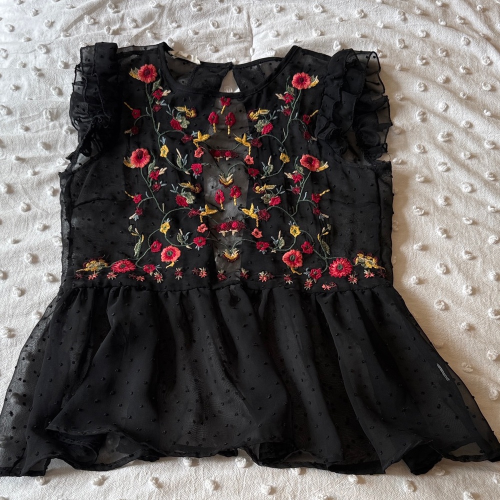 Rebellion Black Blouse with Red Floral Embroidery